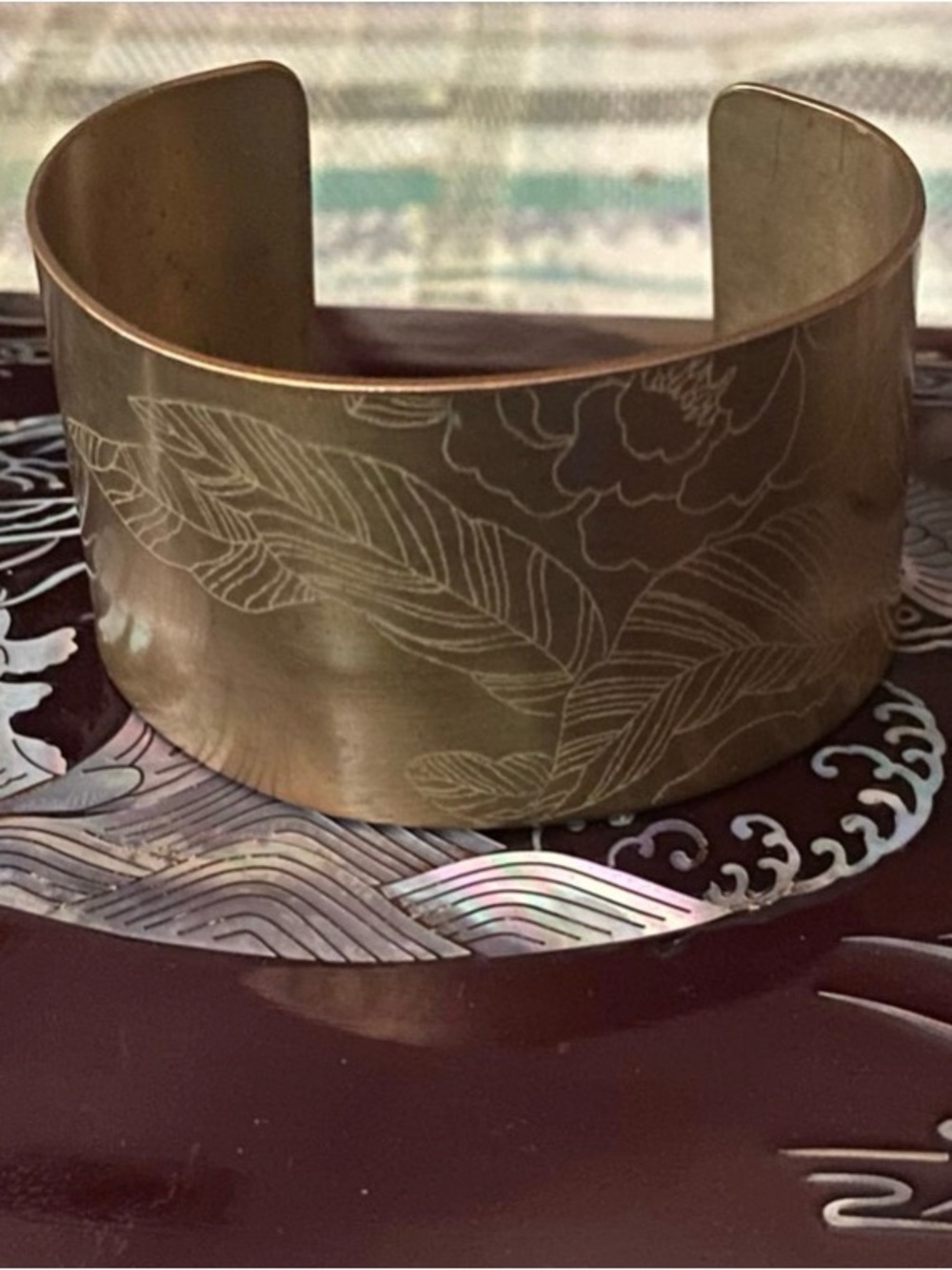 Brass Floral Engraved Cuff Bracelet - says Motherhood is Satisfying